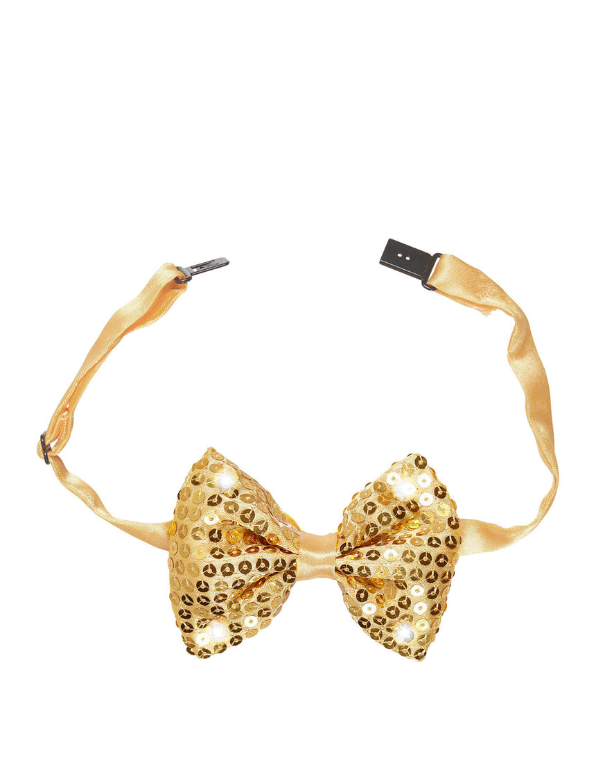 Noeud papillon doré avec sequins et LED clignotantes adulte