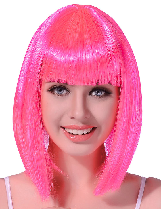 Perruque carré mi-long rose fluo femme