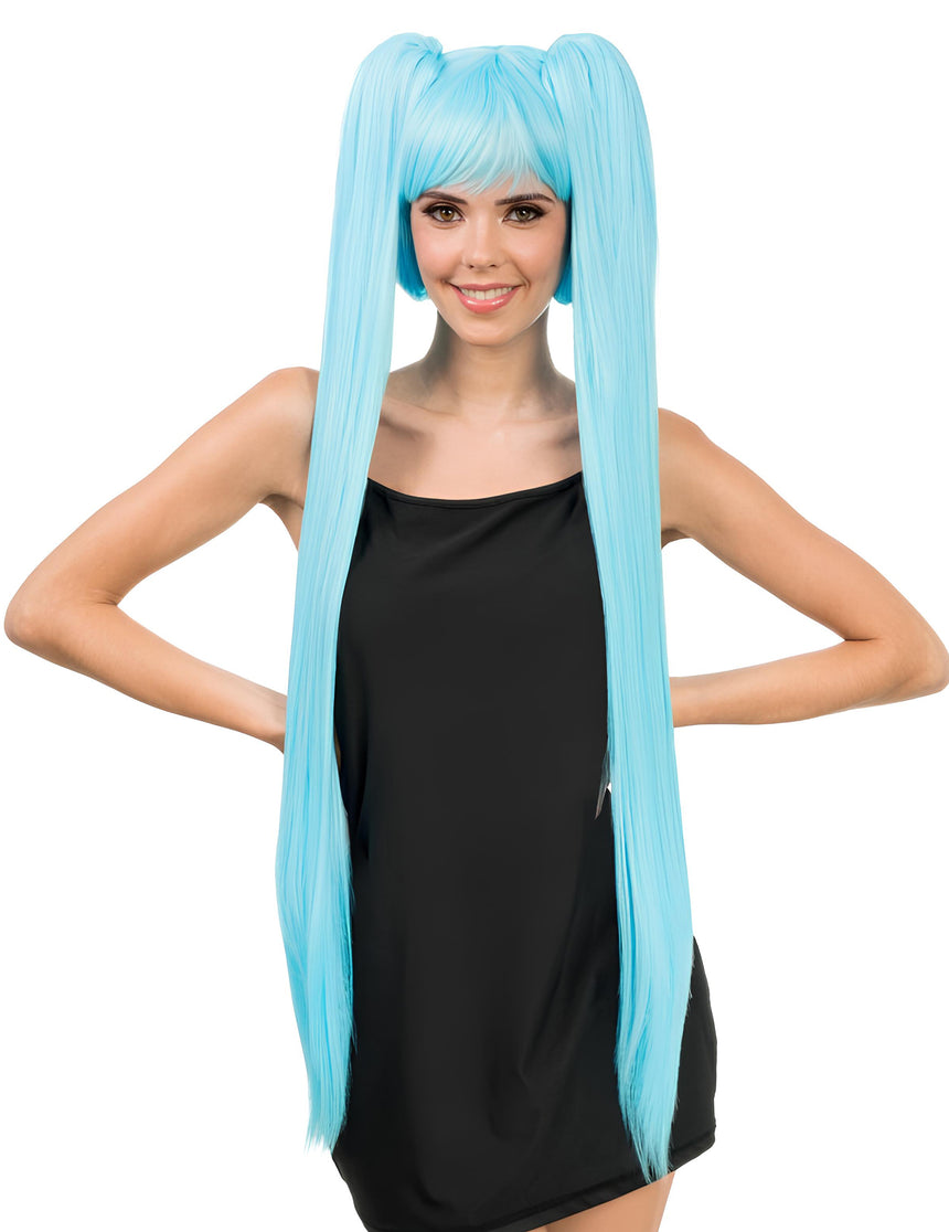 Perruque cosplay luxe longues couettes bleue adulte