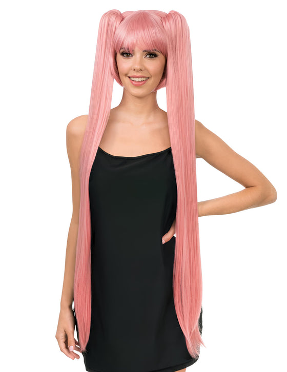 Perruque cosplay luxe longues couettes rose pastel adulte