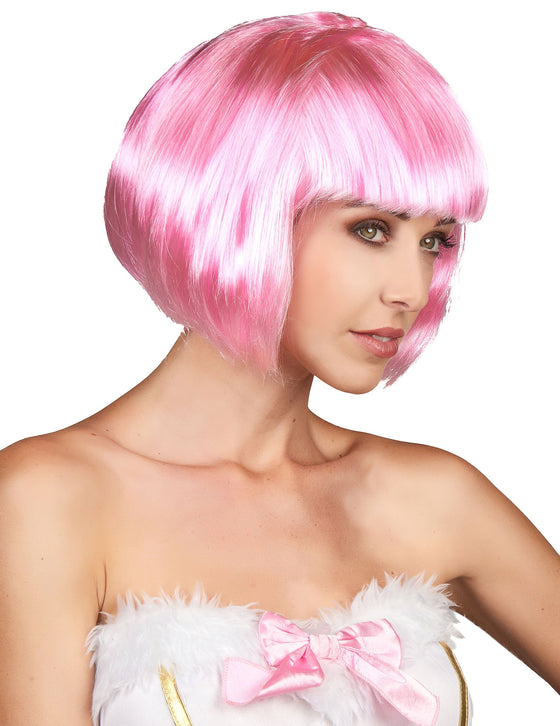 Perruque courte rose à frange femme