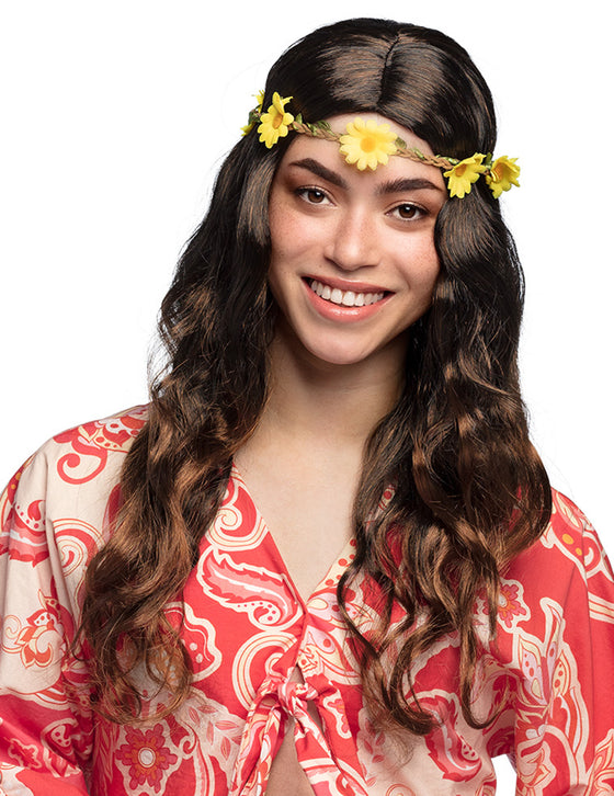 Perruque longue marron avec bandeau fleurs femme