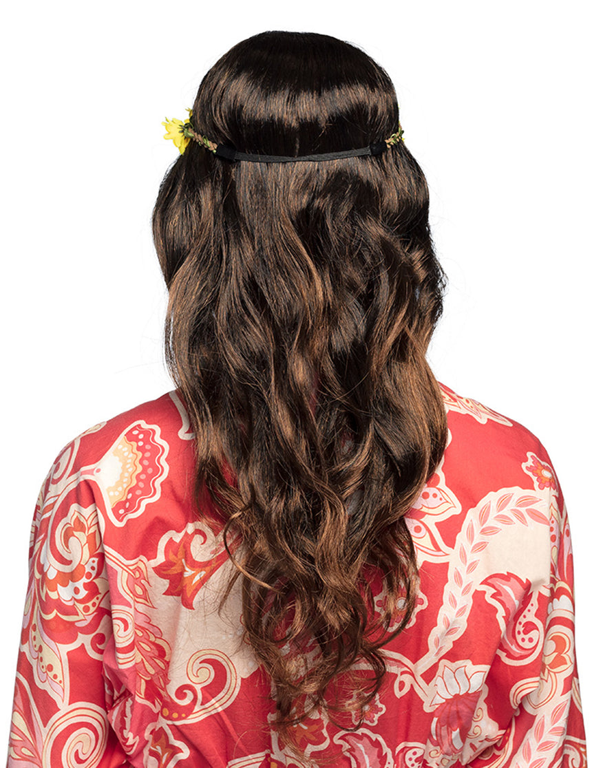 Perruque longue marron avec bandeau fleurs femme