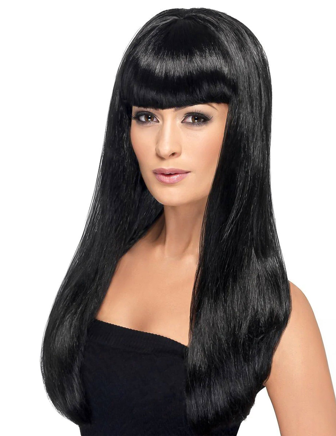 Perruque longue noire à frange femme