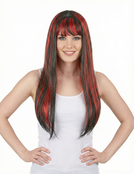 Perruque longue noire avec frange et balayage rouge femme