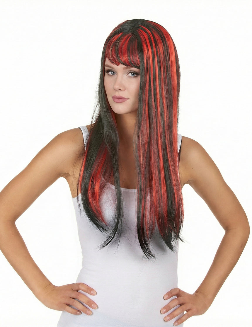 Perruque longue noire avec frange et balayage rouge femme