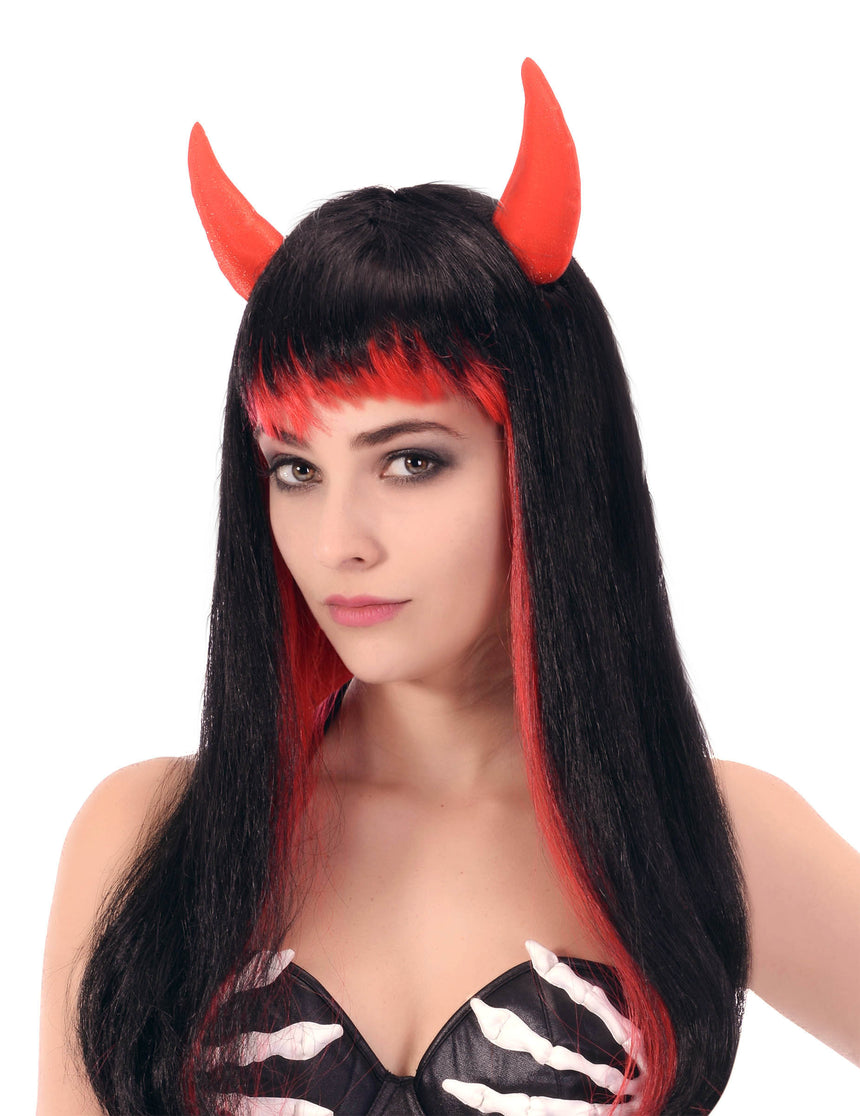 Perruque longue noire et rouge diable femme
