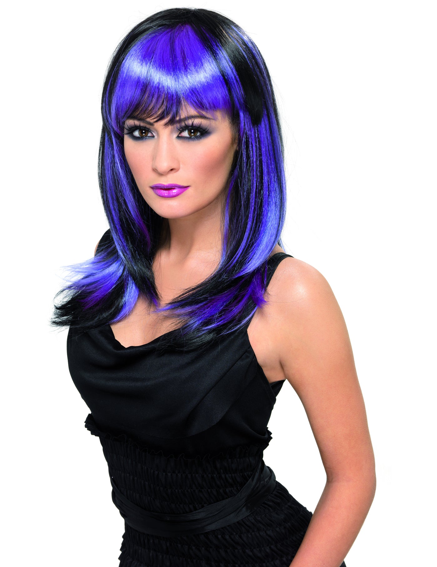 Perruque longue noire et violette femme