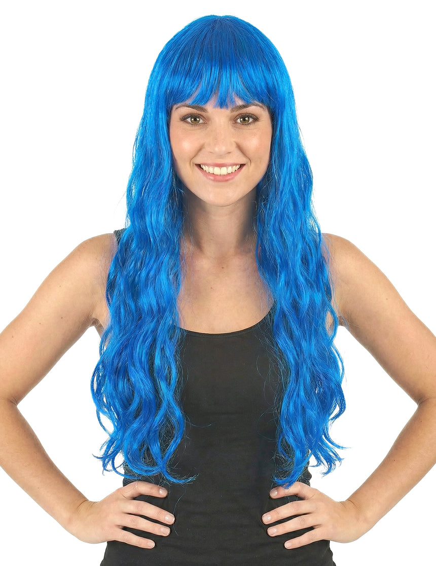 Perruque longue ondulée bleue avec frange femme