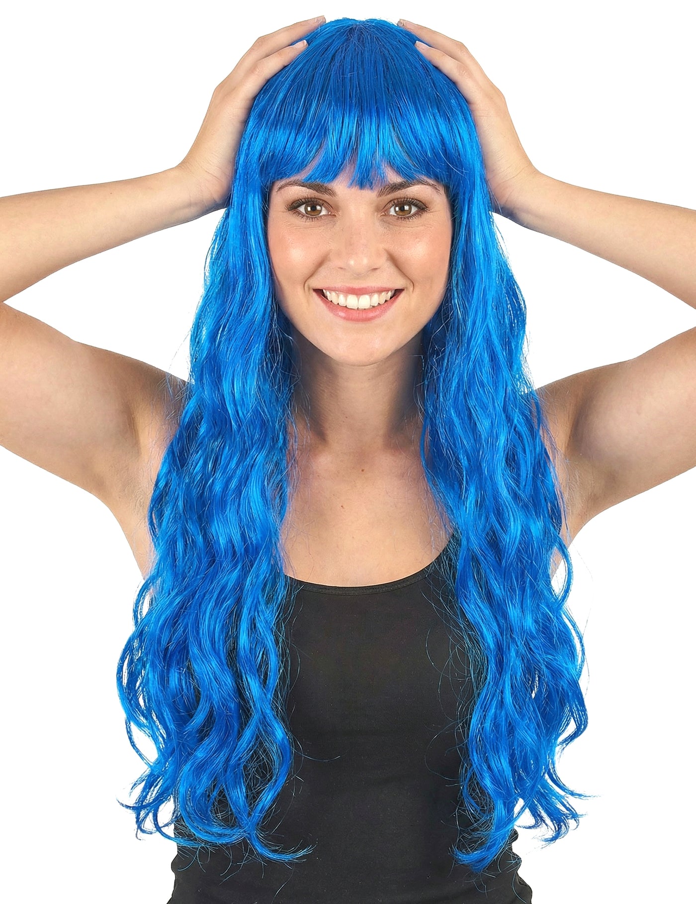 Perruque longue ondulée bleue avec frange femme