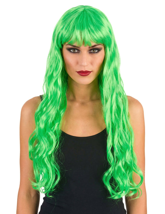 Perruque longue ondulée Vert fluo avec frange femme