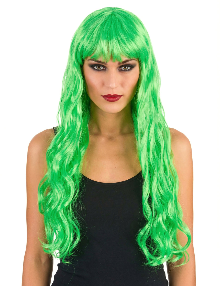 Perruque longue ondulée Vert fluo avec frange femme