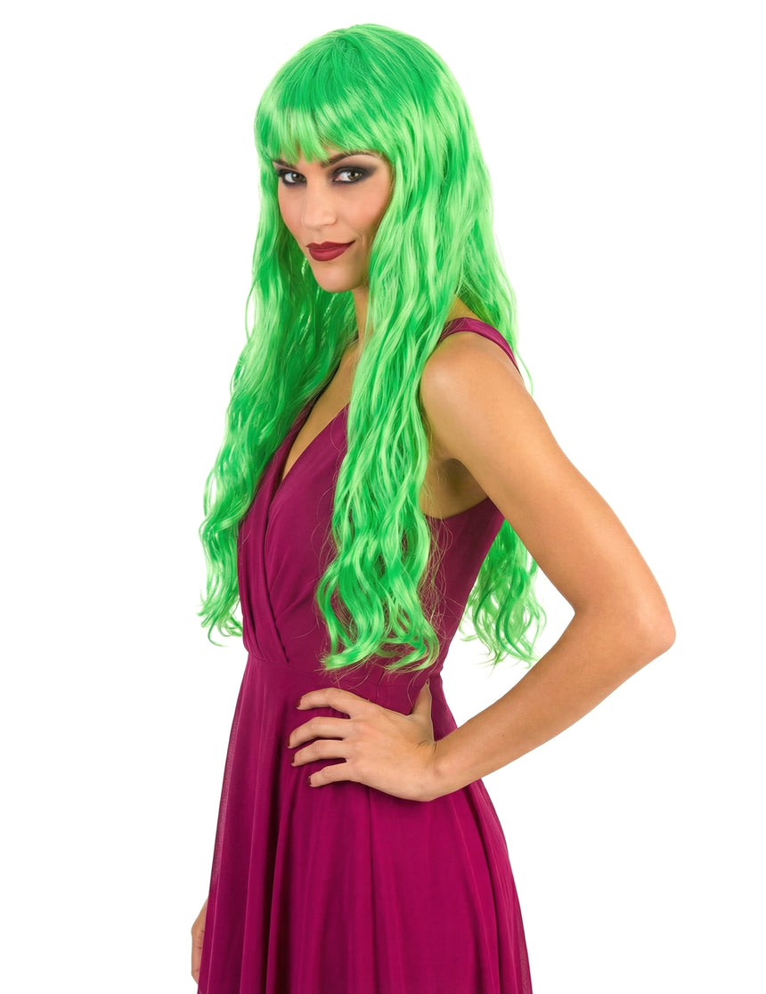 Perruque longue ondulée Vert fluo avec frange femme