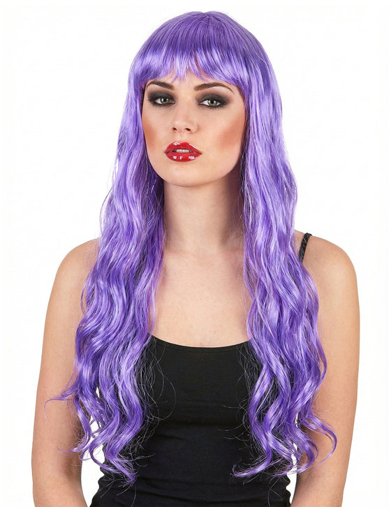 Perruque longue ondulée violette à frange femme