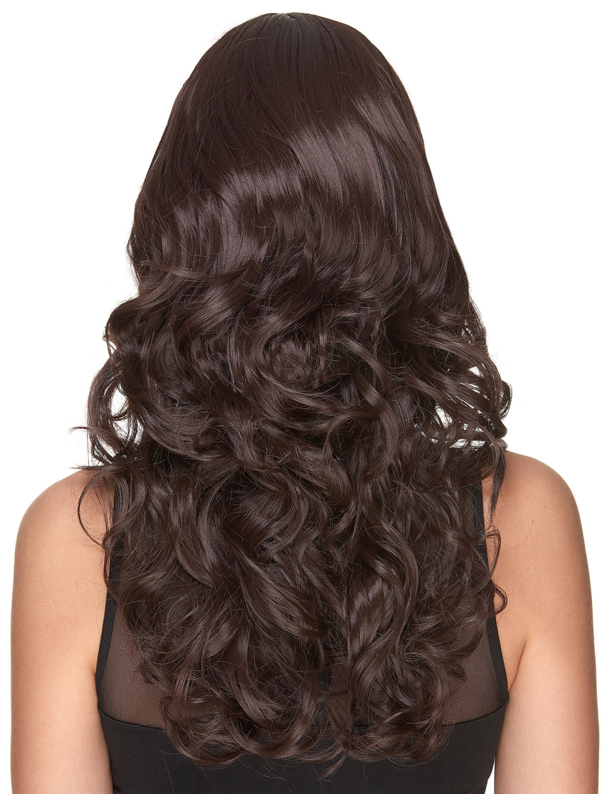 Perruque luxe chatain ondulée avec frange femme - 221g