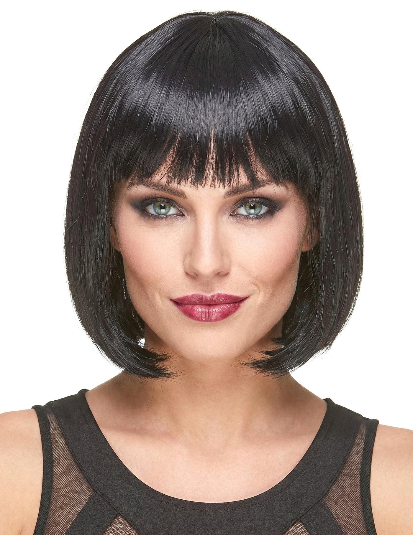 Perruque luxe noire carré plongeant avec frange femme