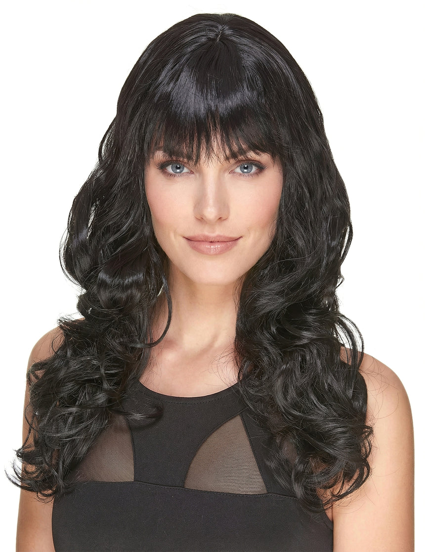 Perruque luxe noire ondulée avec frange femme - 221g