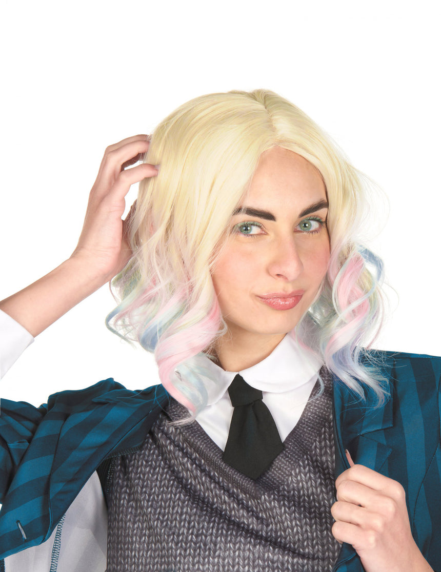 Perruque luxe ondulée blonde à mèches bleues et roses adulte