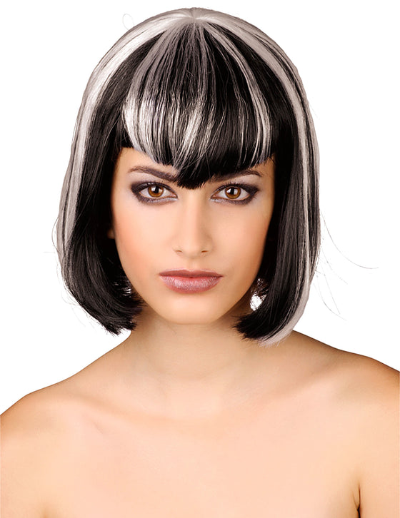 Perruque à frange noire et blanche femme
