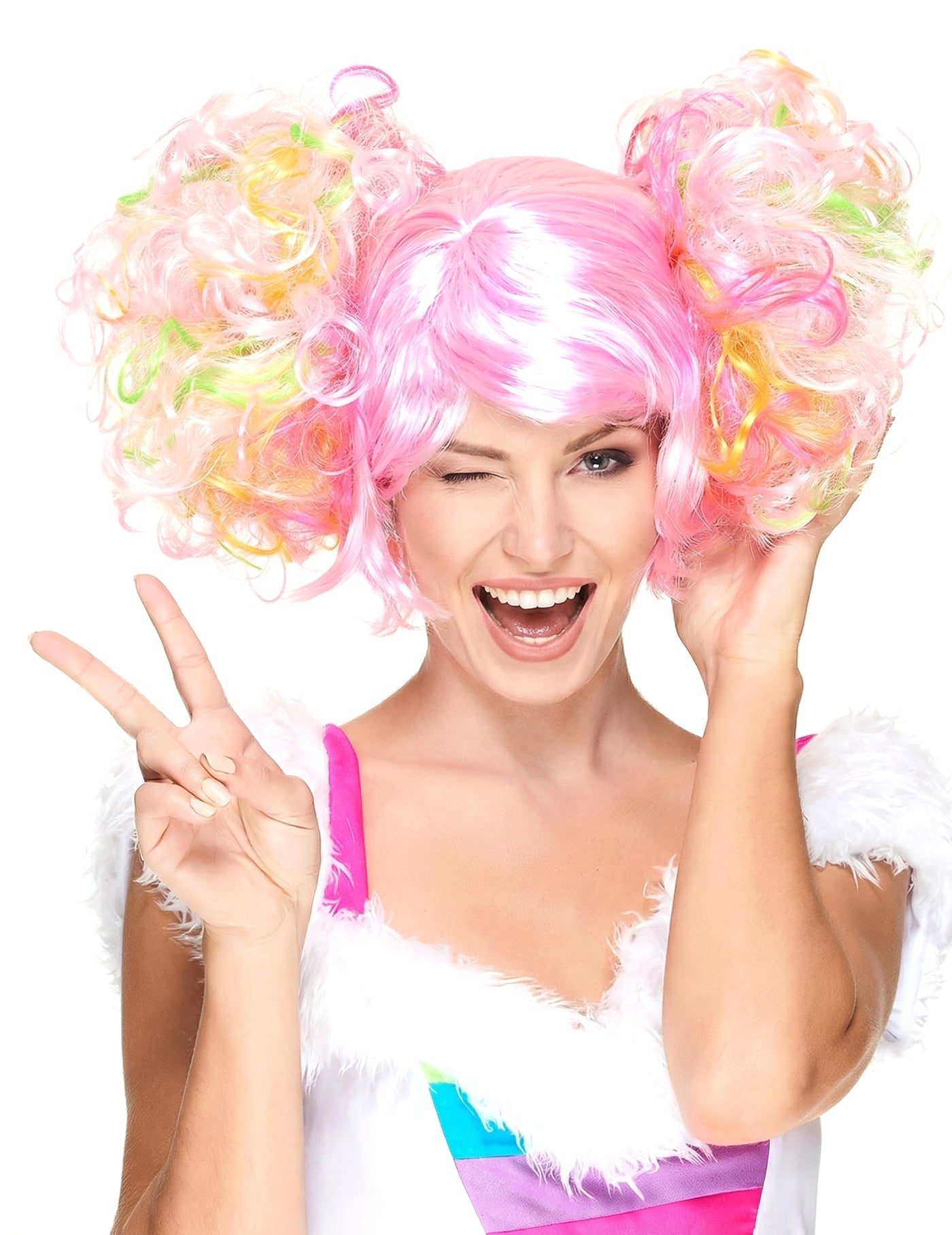 Perruque rose clair à couettes bouclées femme