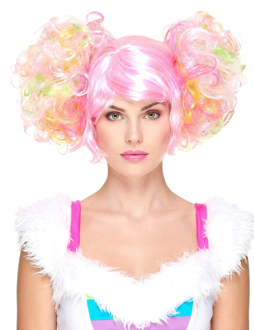 Perruque rose clair à couettes bouclées femme