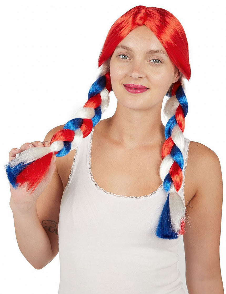 Perruque tresses bleu, blanc, rouge