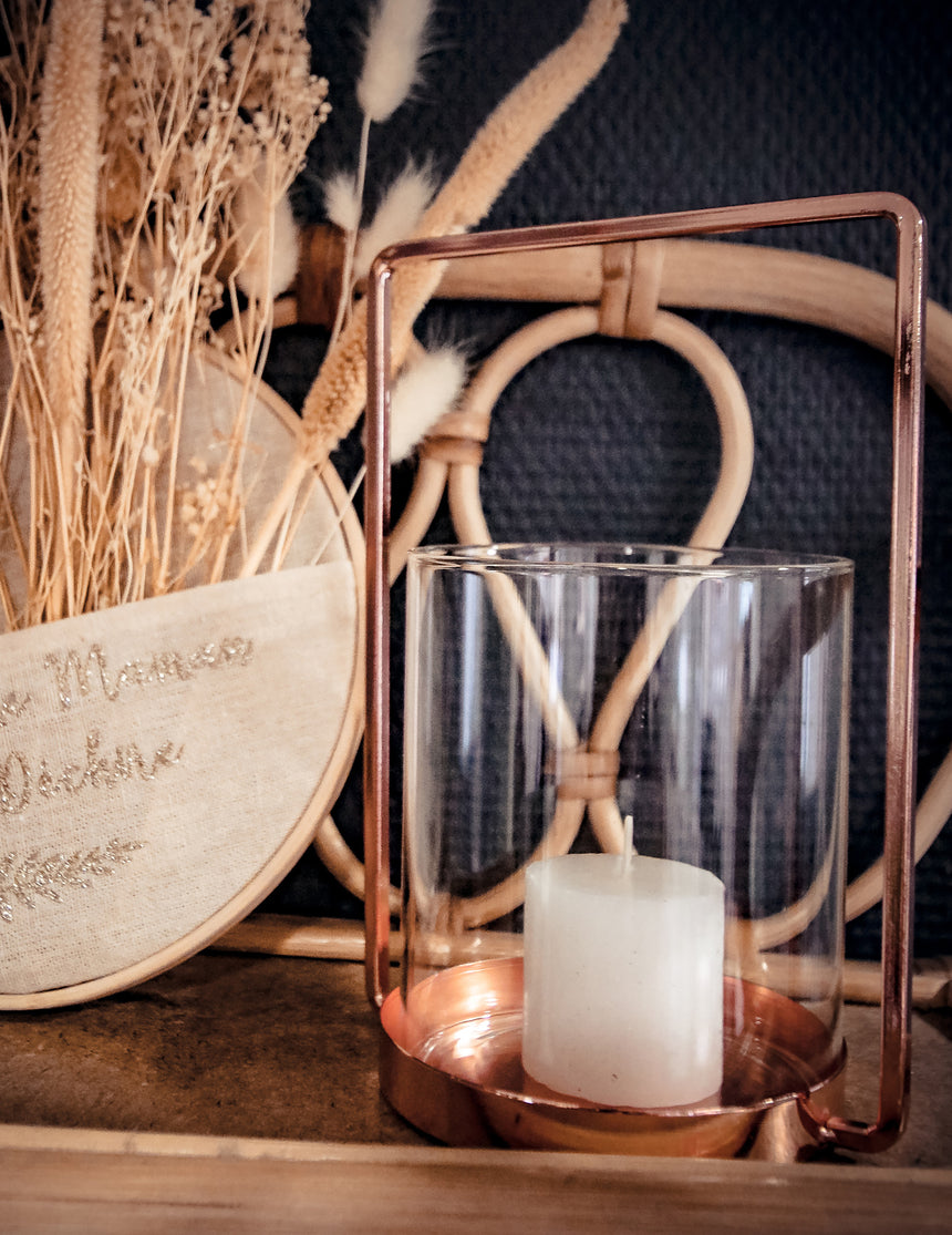 Photophore en verre cadre rose gold 19,5 cm chic en laiton