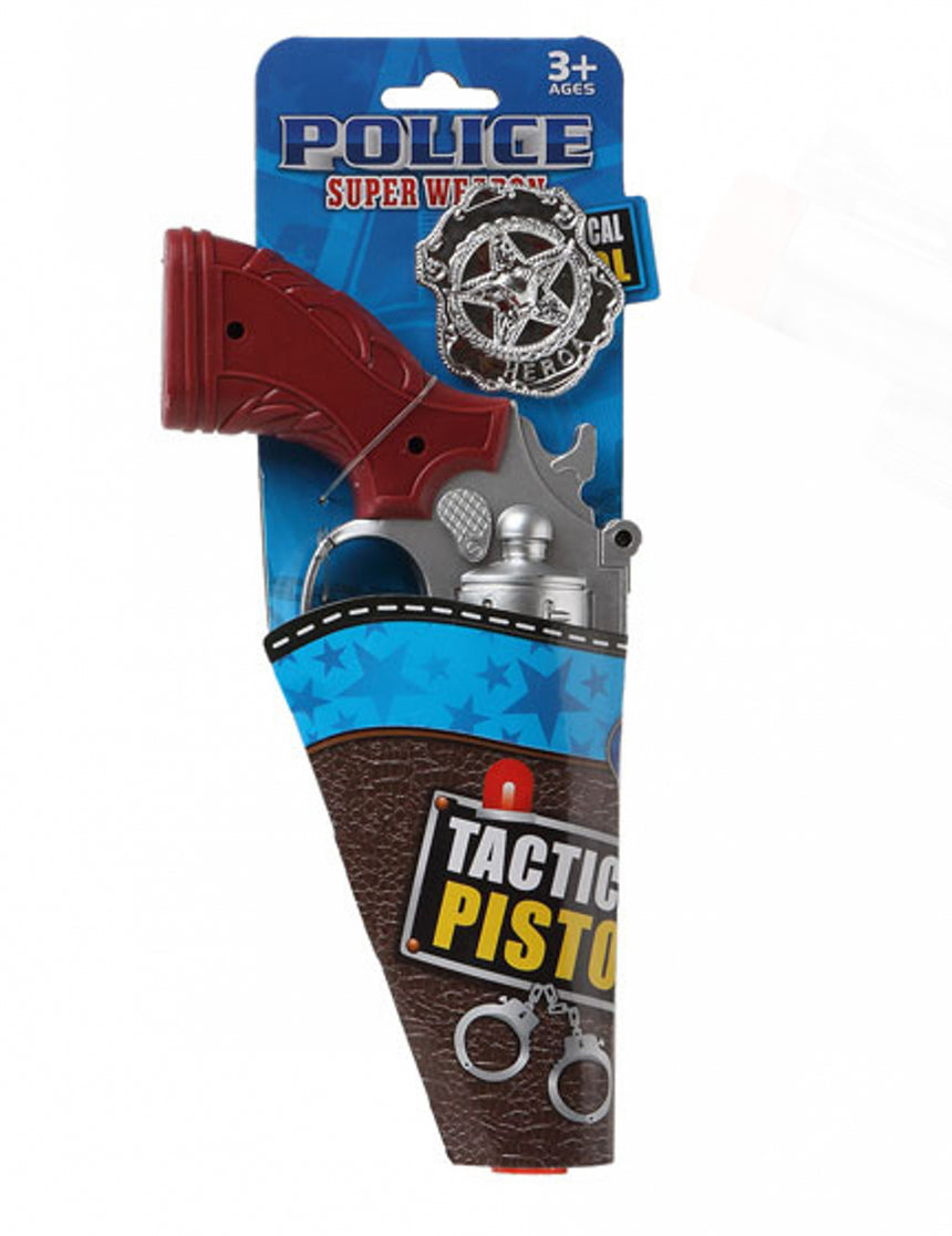 Pistolet argenté avec plaque de police