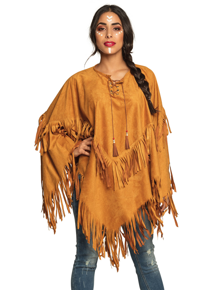 Poncho indien à franges marron femme