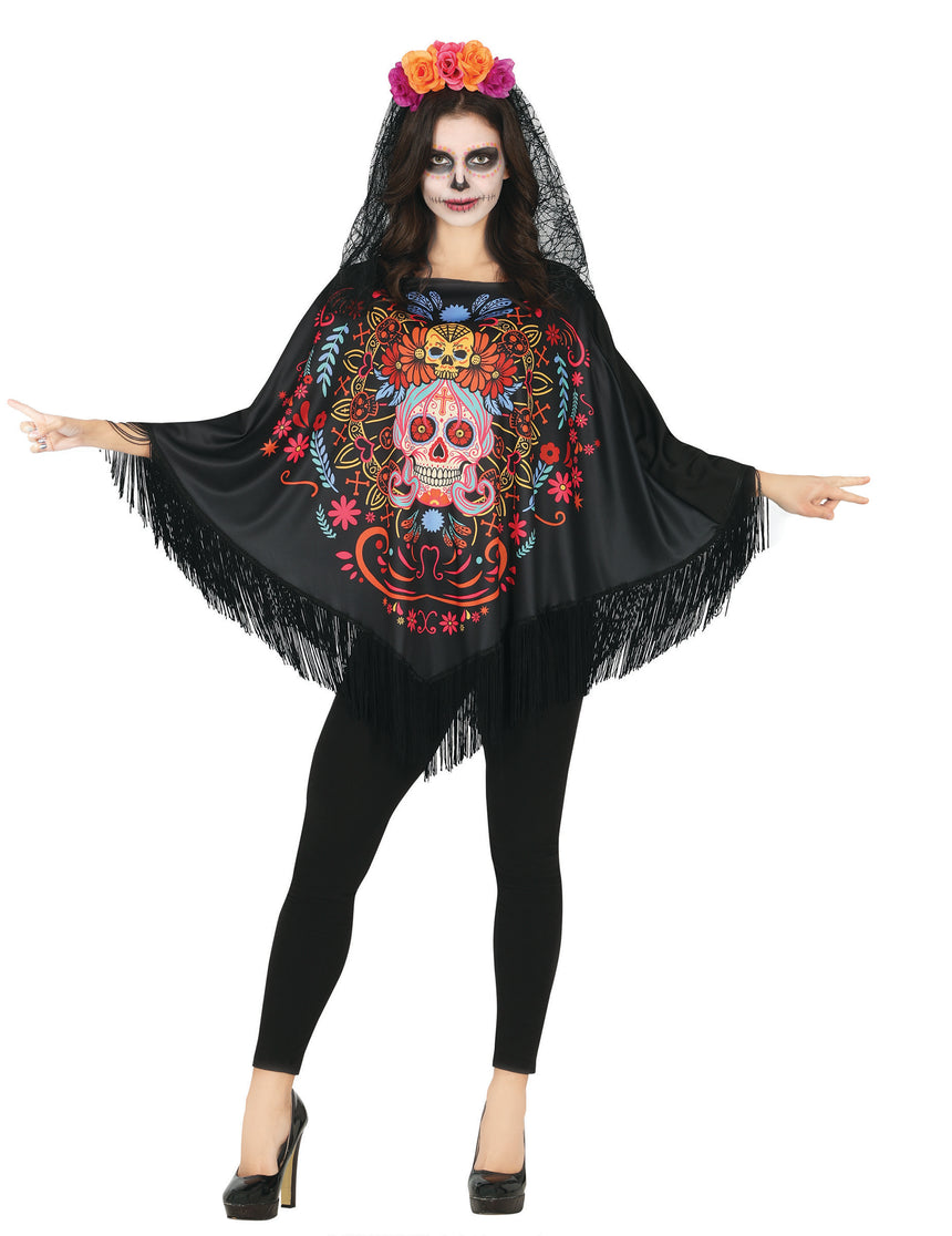 Poncho squelette coloré Dia de los muertos adulte