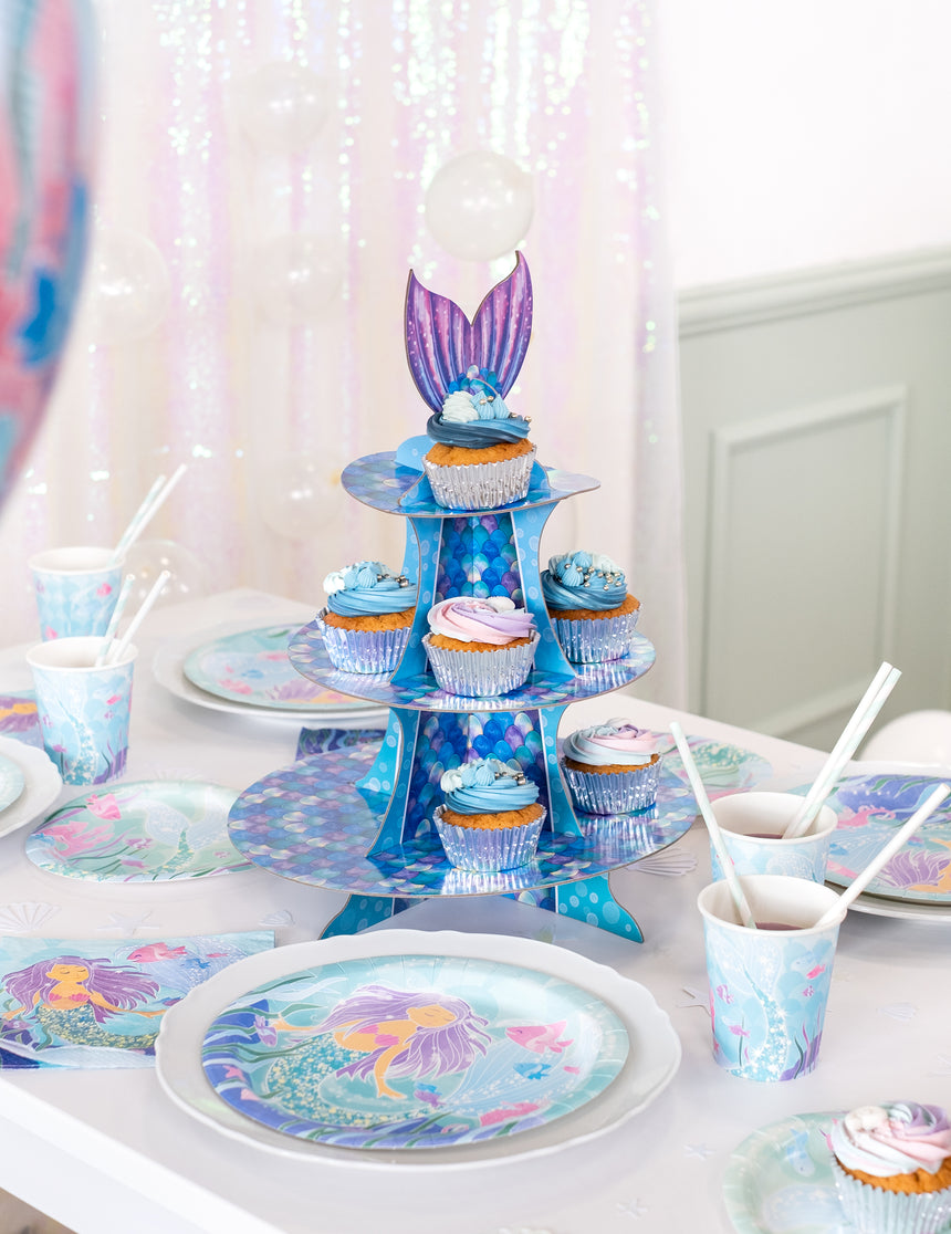 Présentoir à cupcake sirène violet bleu 40 cm