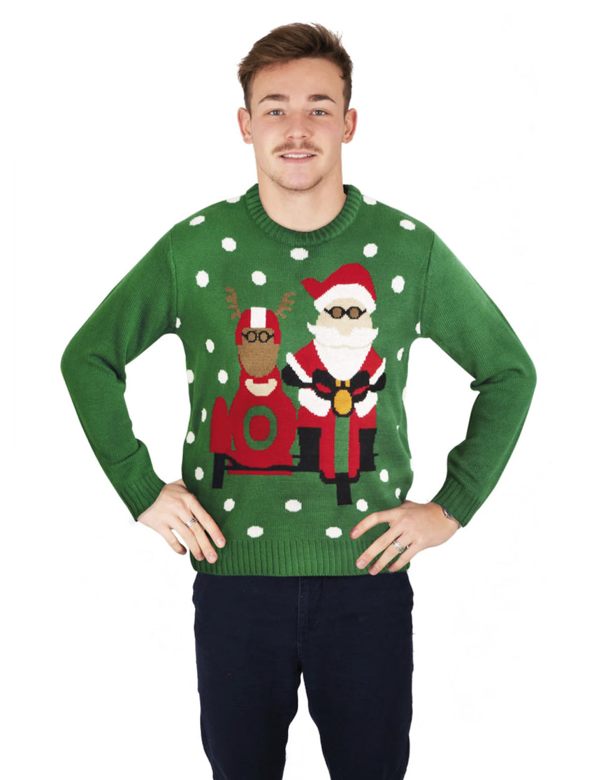 Pull de Noël vert avec Père Noël motard