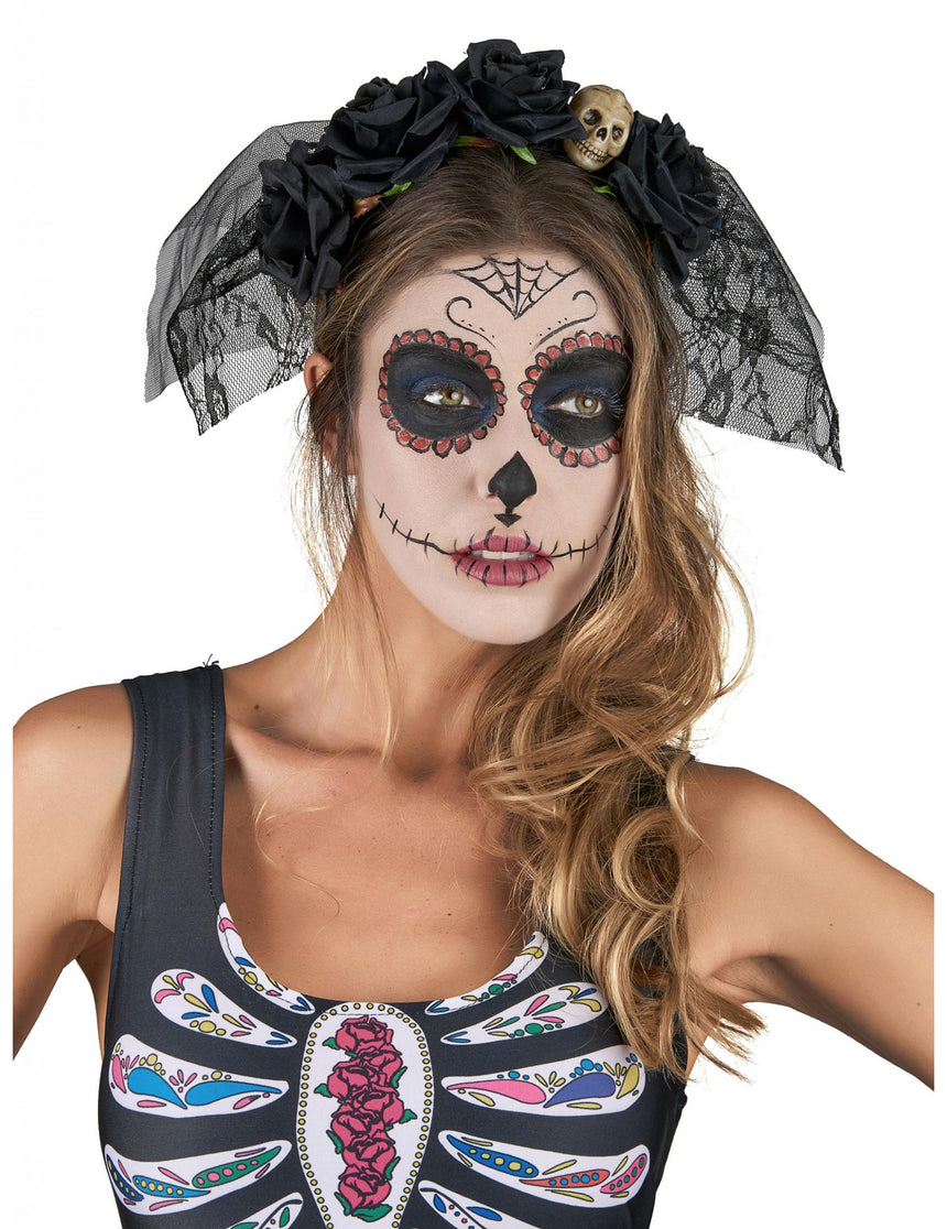 Serre-tête noir voile dentelle Dia De Los Muertos