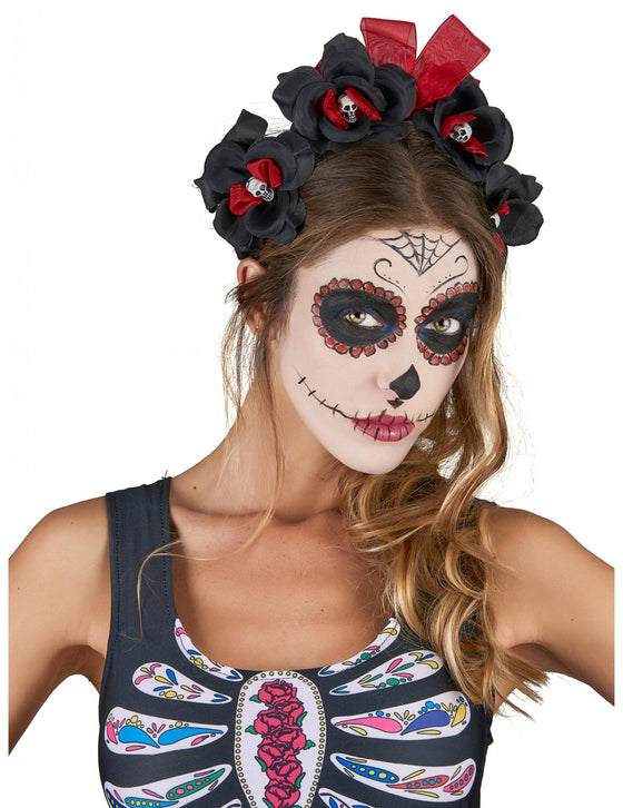 Serre-tête fleurs noir et rouge Dia De Los Muertos adult