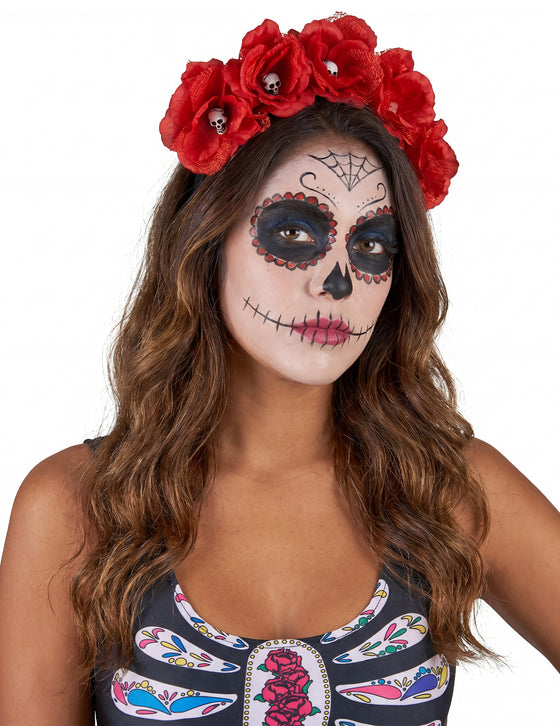 Serre-tête fleurs rouge Dia De Los Muertos adulte
