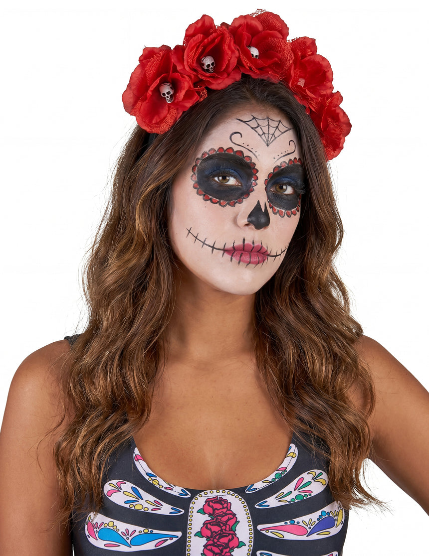 Serre-tête fleurs rouge Dia De Los Muertos adulte