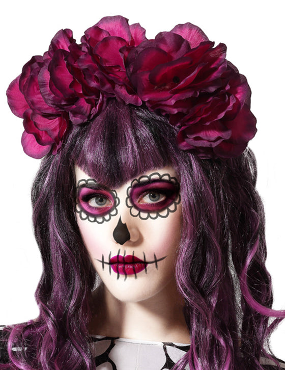 Serre-tête grosses fleurs roses Dia de los muertos femme
