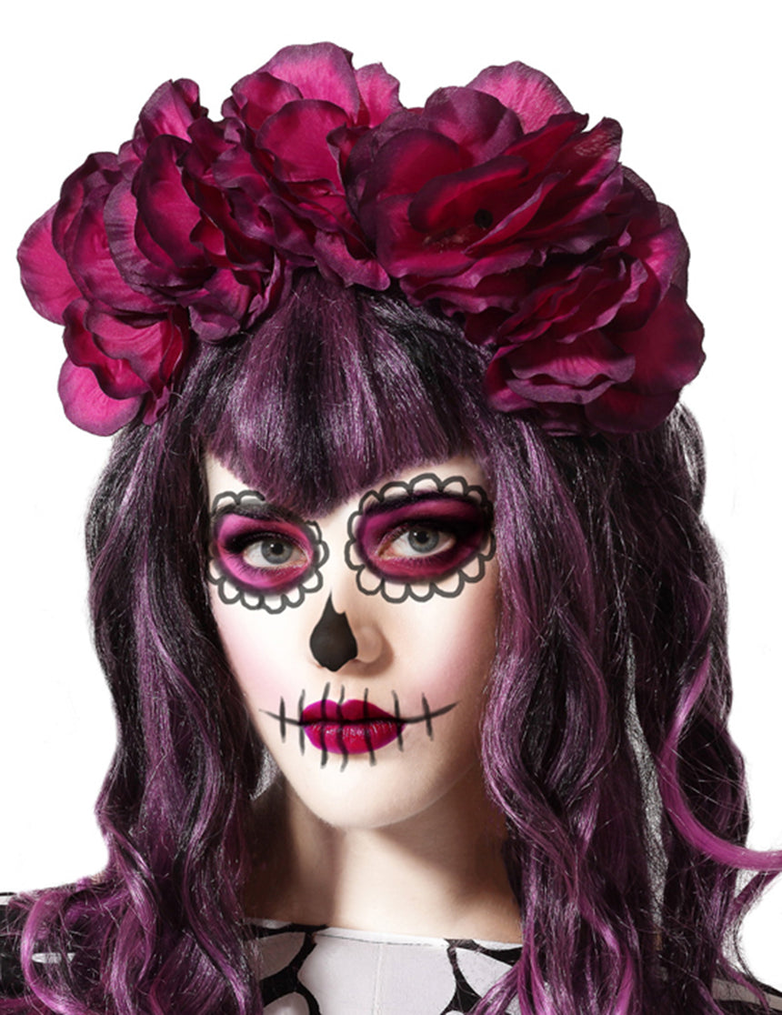 Serre-tête grosses fleurs roses Dia de los muertos femme