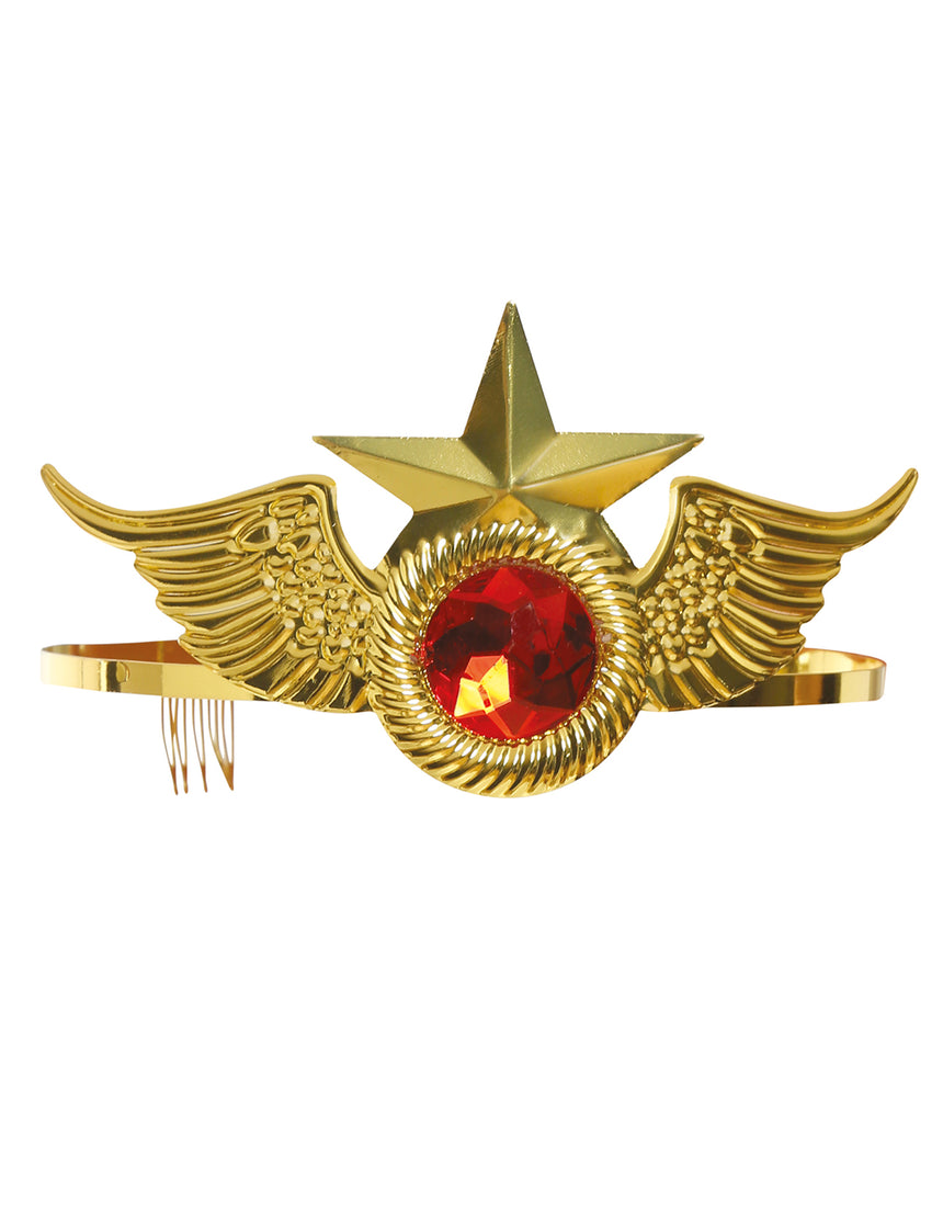 Serre-tête métal or avec pierre rouge super héroïne femme