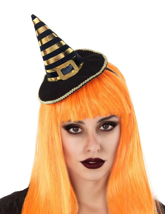 Serre-tête mini chapeau de sorcière rayé noir et or adulte