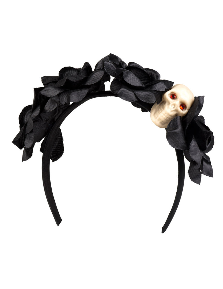Serre-tête roses noires avec tête de mort femme Dia de los muertos