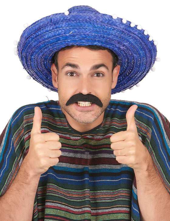 Sombrero bleu à bordure pompons adulte