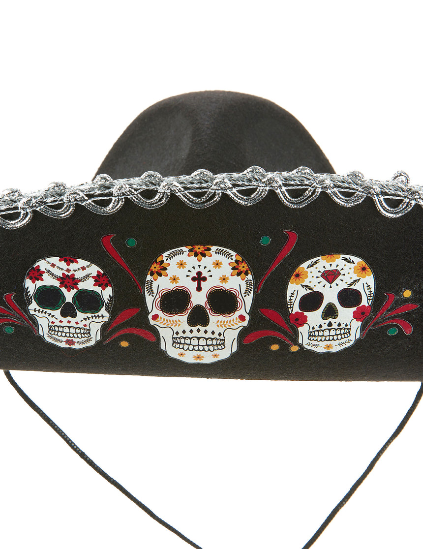 Sombrero noir Dia de Los Muertos finitions argentées adulte