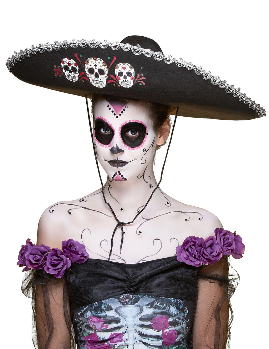 Sombrero noir Dia de Los Muertos finitions argentées adulte