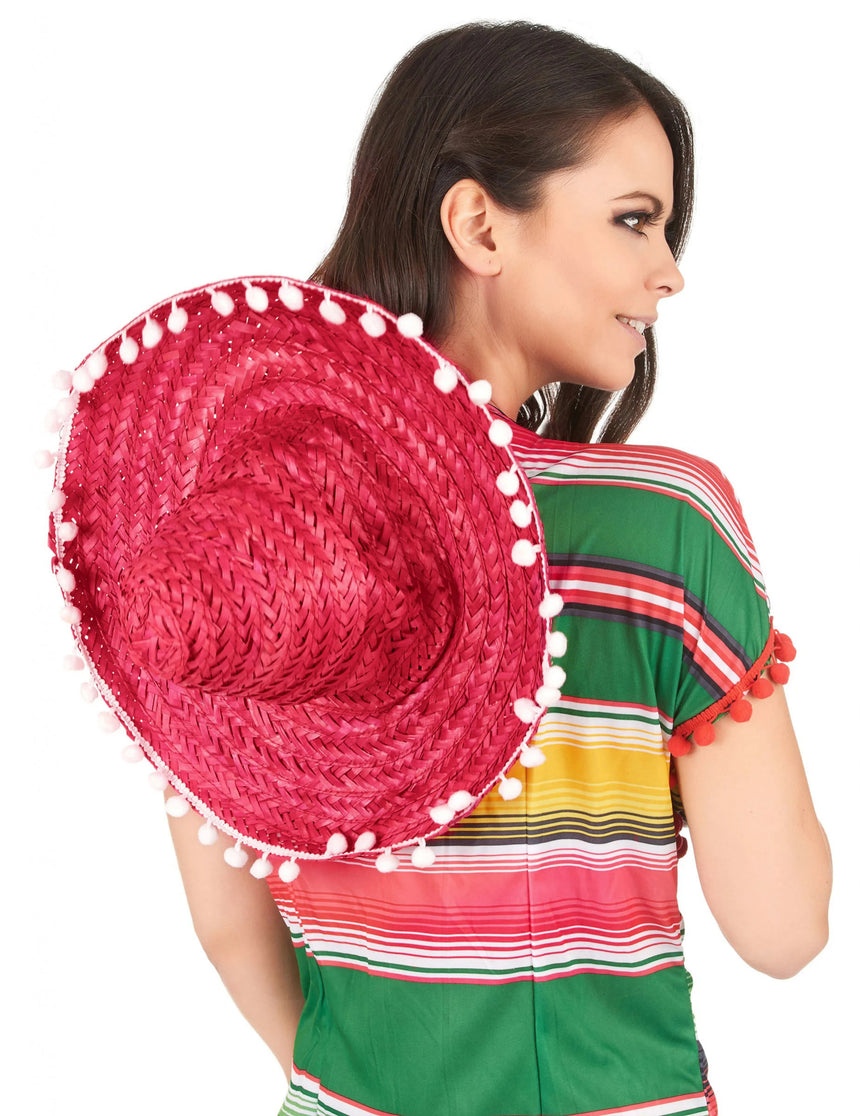 Sombrero rouge à bordure pompons adulte