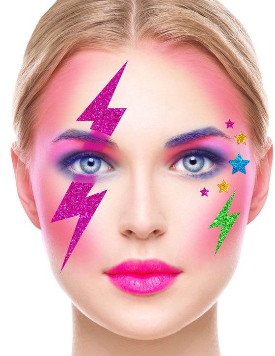 Stickers pour visage éclairs à paillettes multicolores
