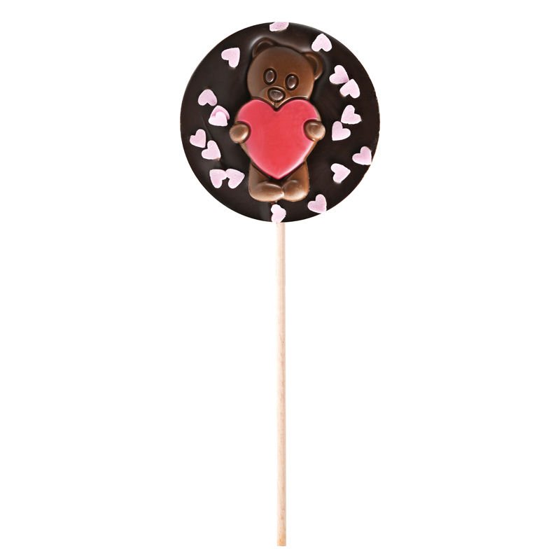 Sucette Chocolat Noir Ourson Cœurs Roses - 50g