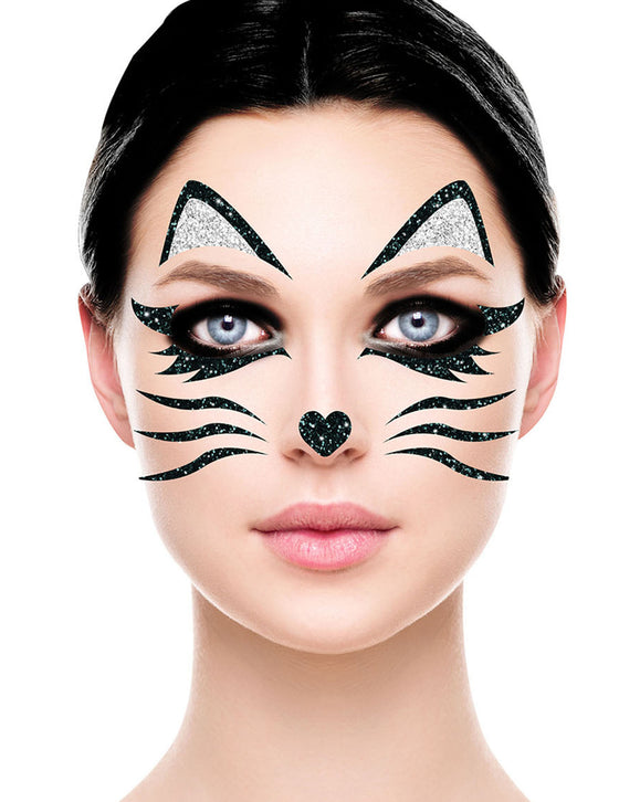 Tatouages pailletés chat noir et argent