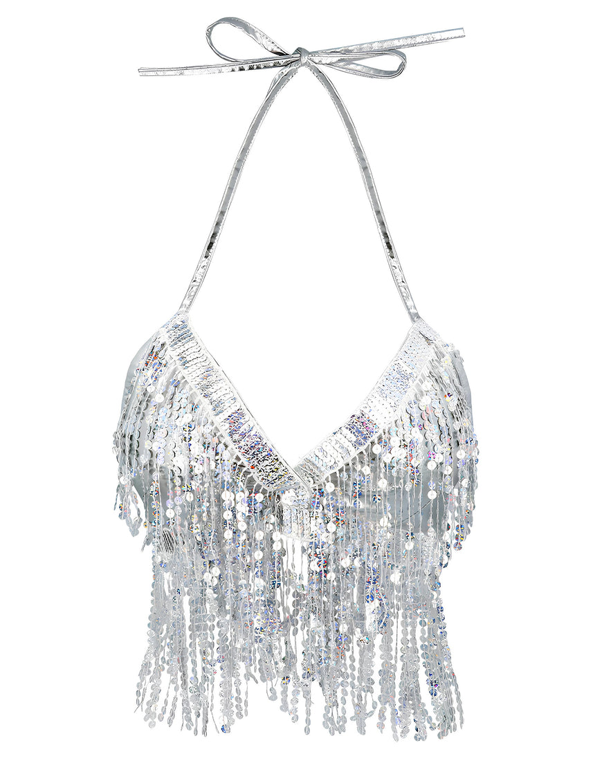 Top argenté avec franges et sequins femme