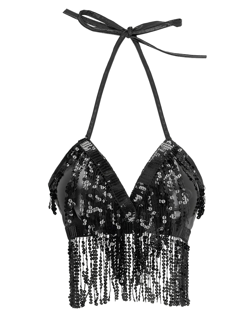 Top noir avec franges et sequins femme